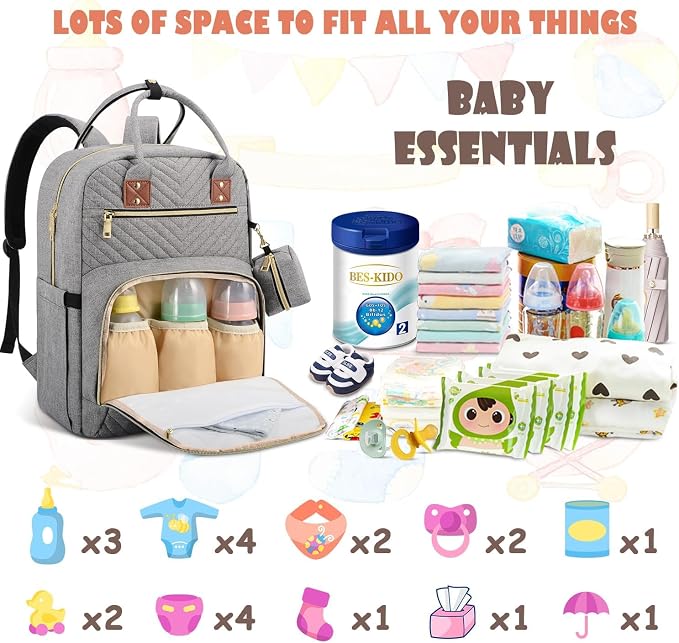 AngLink Baby Diaper Bag Backpack - Newborn Diapers Bags with Changing Pad & Pacifier Case for Boy Girl, Large Capacity Travel Essentials Bebes Backpack Baby Registry Search Gift for Mom Dad丨Gray