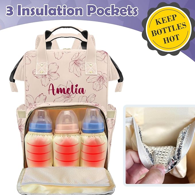 Custom Diaper Backpack, Upgraded Large Capacity Baby Changing Bag, Personalized With Name, Multifuction Mommy Backpack With Insulated Pockets for Boys Girls, Floral