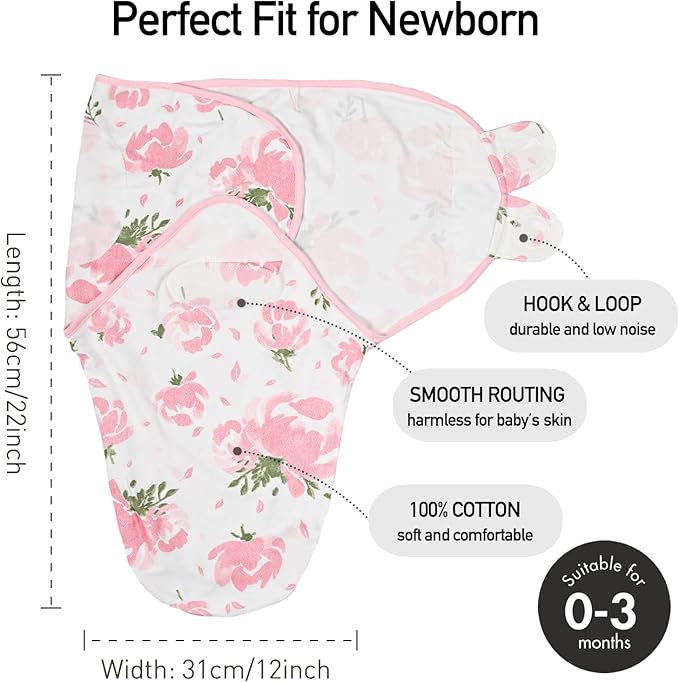 GLLQUEN BABY Girl Swaddles 0-3 Months - 3 Pack Baby Swaddles Sack for Newborn, Infant Sleep Sack, Easy Swaddling Wrap, A Pink Floral, Nursery Swaddle Blankets Essentials