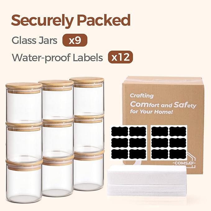 ComSaf 0.6 Qt Glass Food Storage Jars Set of 9, Clear Glass Storage Containers with Lids, Pantry Organization Jar, Spice, Blooming Tea, Oat, Coffee and Sugar Container, Small Canister Set for Kitchen
