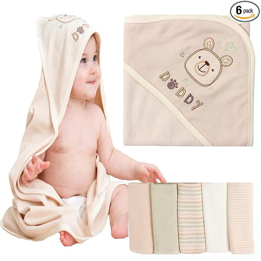 6 Pack Organic Cotton Baby Bath Set, Ultra Soft Embroidered Hooded Towel and 5 Washcloths, Premium Gentle Newborn, Toddlers Gift for Sensitive Skin, Brown 30 x 30 Inch