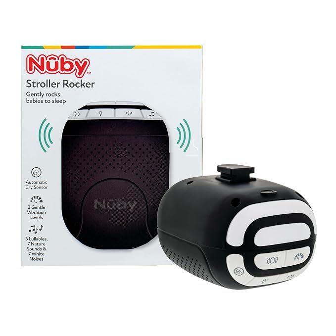 Nuby Stroller Rocker & Sound Machine for Babies - Portable Soother with 3 Vibration Speeds - USB-C Rechargeable - Attaches to Strollers & Cribs - Black