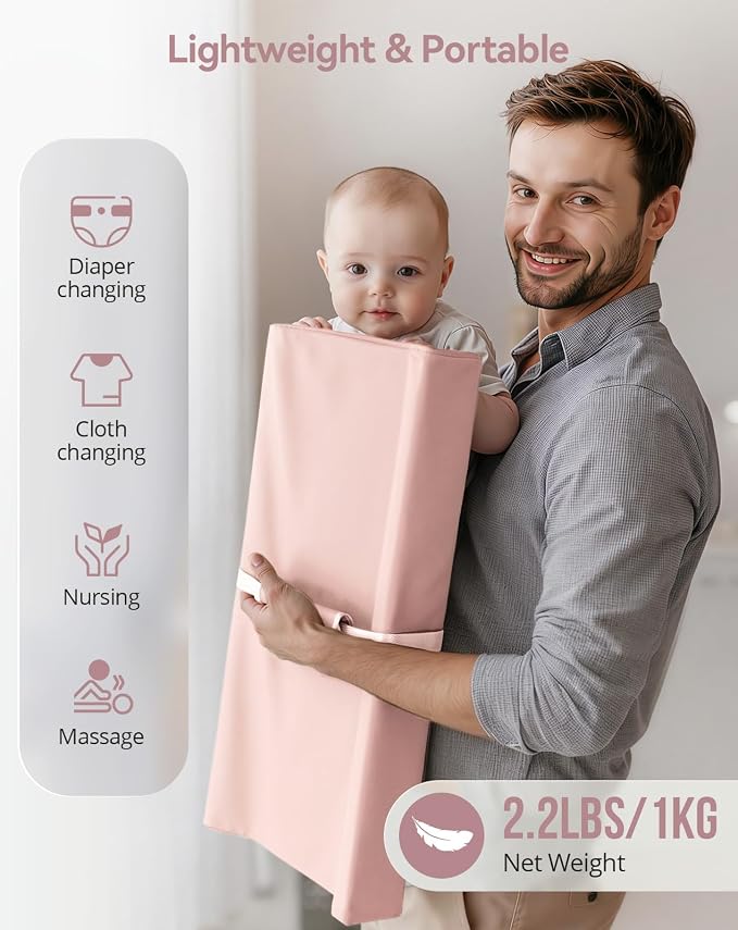 COMOMY Baby Changing Pad with Wipeable & Waterproof PU Cover, Contoured Diaper Changing Pad for Dresser with Non-Slip Safety Belt, Portable and Lightweight, Large Cushioned Foam, Pink