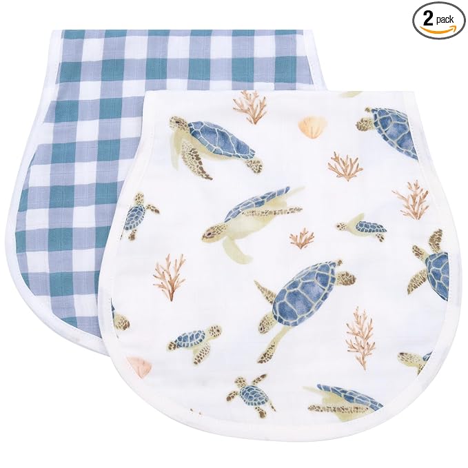 LifeTree Muslin Baby Burp Cloths - 2 Pack 70% Viscose from Bamboo and 30% Cotton Large 22'' by 10.6'' Absorbent Milk Spit Up Rags - Burping Cloths for Newborn, Girls Boys, Sea Turtle & Blue Checkered