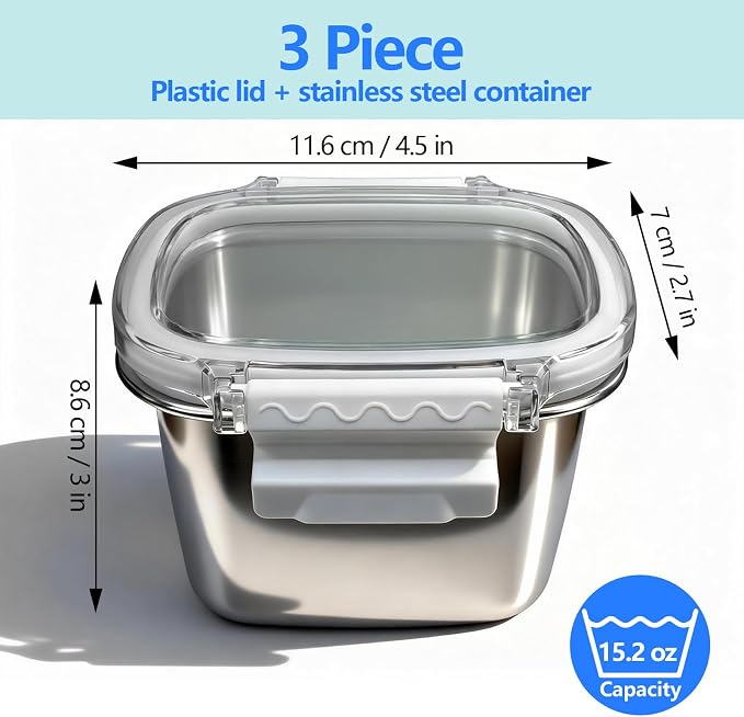 Stainless Steel Small Container with Lid - 3 Piece 15.2oz Reusable Stainless Steel Snack Containers, Leakproof Freezer Safe Metal Bento Box Fit for Portioning Snacks, Dips, and Salad