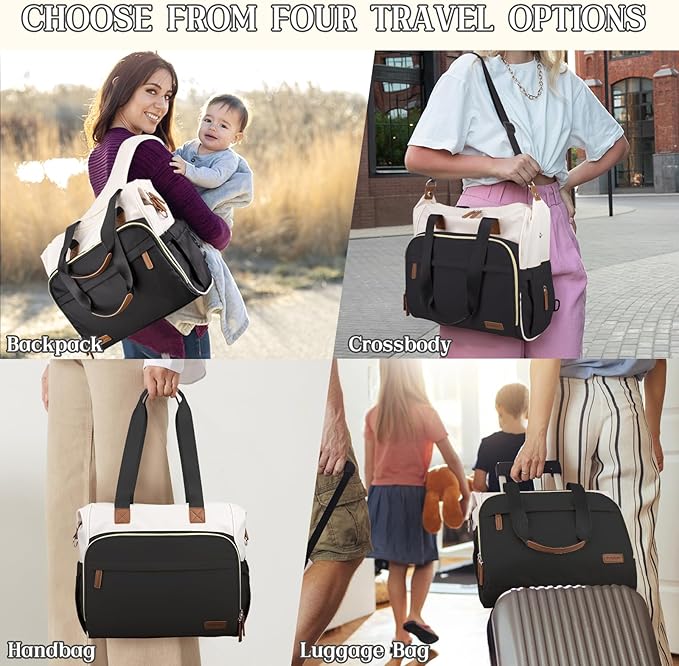 Pripher Diaper Bag Backpack Mommy Bag Large Capacity Diaper Backpack Travel Essential Baby Diaper Bag for Mom and Dad, Black & Beige