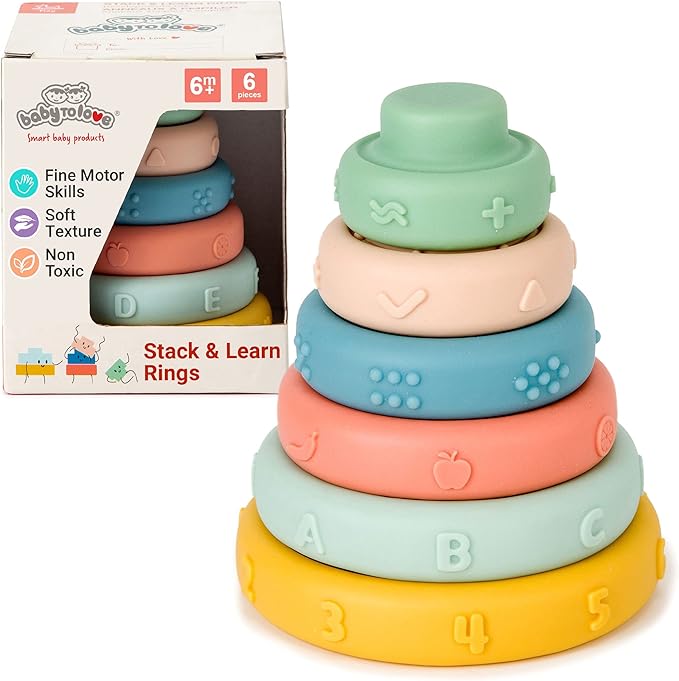 BabyToLove Stack & Learn Rings | Montessori Stacking Toy for Babies | 6 Soft Sensory Baby Rings for Learning & Development | Early Childhood Stacking Toy | Fun Shapes