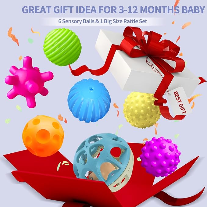 Sensory Toys for Babies, Montessori Textured Baby Balls and Wheat Straw Rattle, Baby Toys for 6-12 Months, Ideal Newborn Gifts for Boys and Girls, Toddler Toys for 1-3
