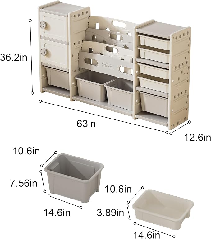 Kids Toy Organizer with 6 Storage Bins, Toy Organizer and Storage for Kids’ Toys, Children Toy Storage Organizer for Playroom, Kids Room, Nursery Room (Grey Large)