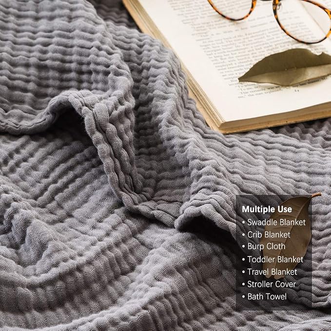EMME Muslin Grey Twin Blanket 100% Cotton Bed Blankets for Adults and Baby 60"x80" Lightweight Soft Breathable All Season Solid Pre-Washed Gauze, Grey