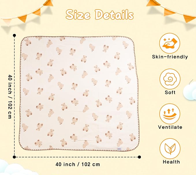 Baby Blanket 40x40 Inches,Muslin Cotton and Minky Dotted Double Layer Soft Receiving Blanket for Newborn Toddler,Bear