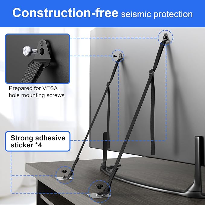 2 Pcs Tv Safety Straps Adjustable,No Drill Anti Tip Furniture Anchors for Baby Proofing,Adhesive/Screw Fastening Type Furniture Wall Anchor, Earthquake Straps