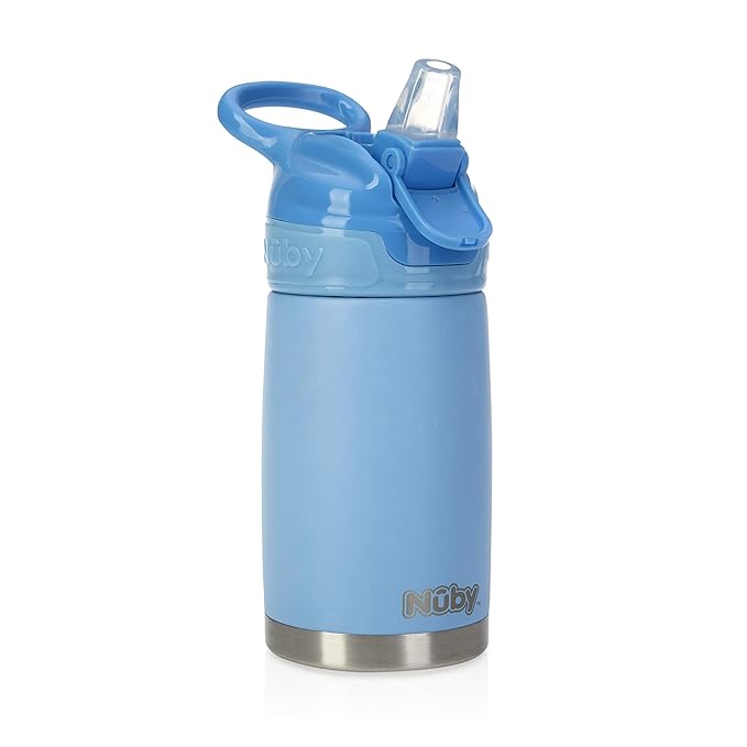 Nuby Thirsty Kids No Spill Flip-It Reflex Stainless Steel Travel Cup or Water Bottle - 10 Oz - 18+ Months - Blue - Back to School Essentials