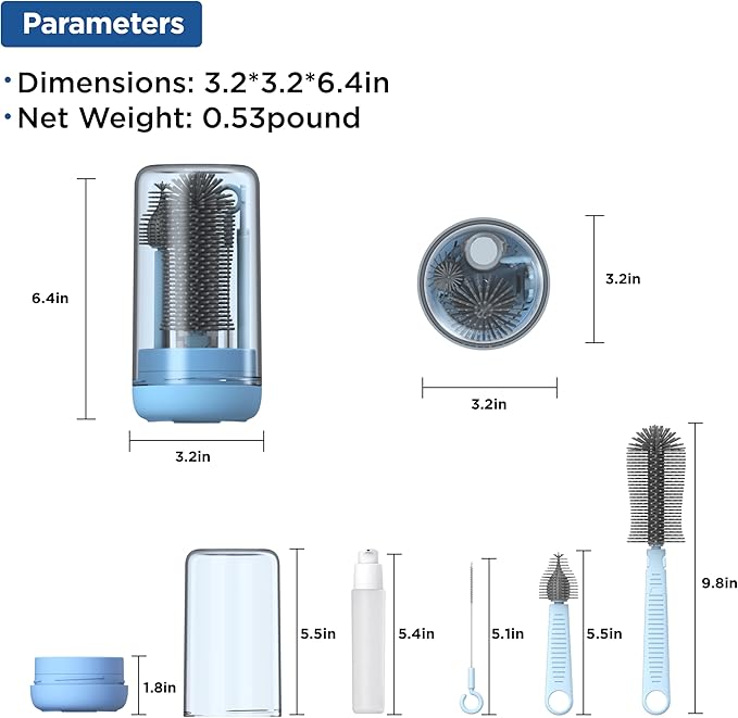 YOTIME Baby Bottle Brush, Travel Bottle Cleaner Kit with Extendable Silicone Bottle Brush, Nipple Cleaner Brush, Straw Brush, Soap Dispenser, Dust Cap and Stand, Blue