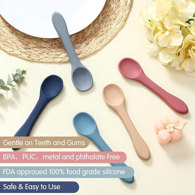 Aedida 5-piece Silicone Baby Feeding Spoons,First Stage Infant Spoon Set 6 Months Soft-tip Spoons for Baby Toddlers Bendable Training Spoon Utensils Feeding Supplies