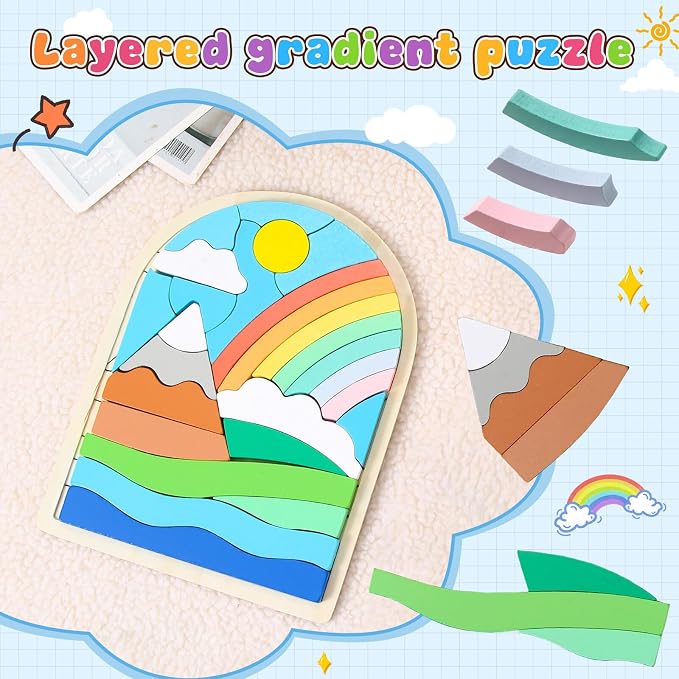 Montessori Wooden Shape Puzzles - Color Matching & Cognition Fun for Kids Over 3 Years Old, with Rainbow Blocks & Themes, Fine Motor Skill Building Toys & Gifts (Rainbow)