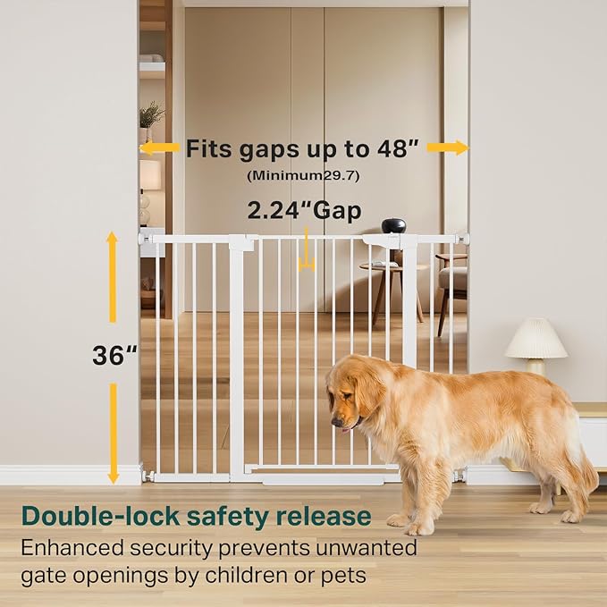 Cumbor 36" Extra Tall Baby Gate for Stairs, 29.7-48" Wide Dog Gates for Doorways, Auto Close Safety Gate for Babies and Pets, Easy Install, Pressure Mounted, Fits Doorways, Stairs, Entryways, White