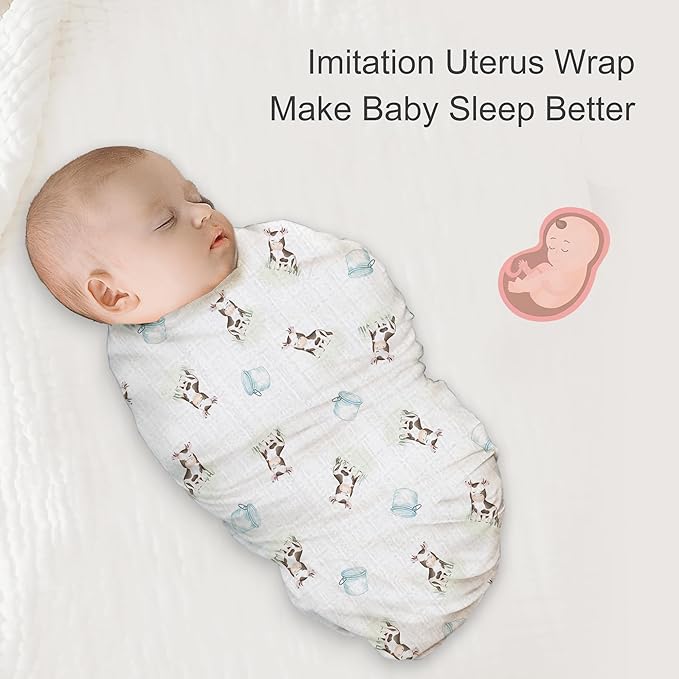 Muslin Swaddle Blankets for Newborn, 4 Pack Large 47"x47" Soft Breathable Bamboo Cotton Baby Blanket, Lightweight Receiving Blanket for Boys and Girls, Farm Life