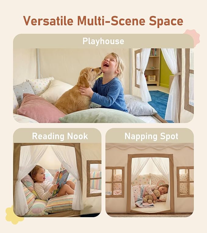 Little Dove Kids Play Tent with Mat, Star Lights, Tassel Garland, Toddler Playhouse with Windows Easy to Wash, Indoor and Outdoor Play Tents for Kids, Toys for Girls, Boys, Birthday Gift, Beige