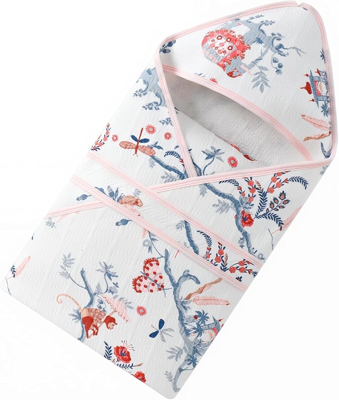 gb Baby Cotton Quilt, 80x80cm Baby Wrap Blanket Quilted Swaddle Multi‑Use Newborn Blanket, Skin-Friendly Comfortable for Babies 0-1 Years, Pink&White