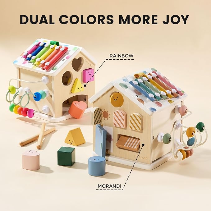 Tiny Land 9-in-1 Wooden Activity Cube, Montessori Baby Activity Center for 1+ Year Old, Educational Toy for Toddlers, Ideal Gift for Boys and Girls (Morandi)