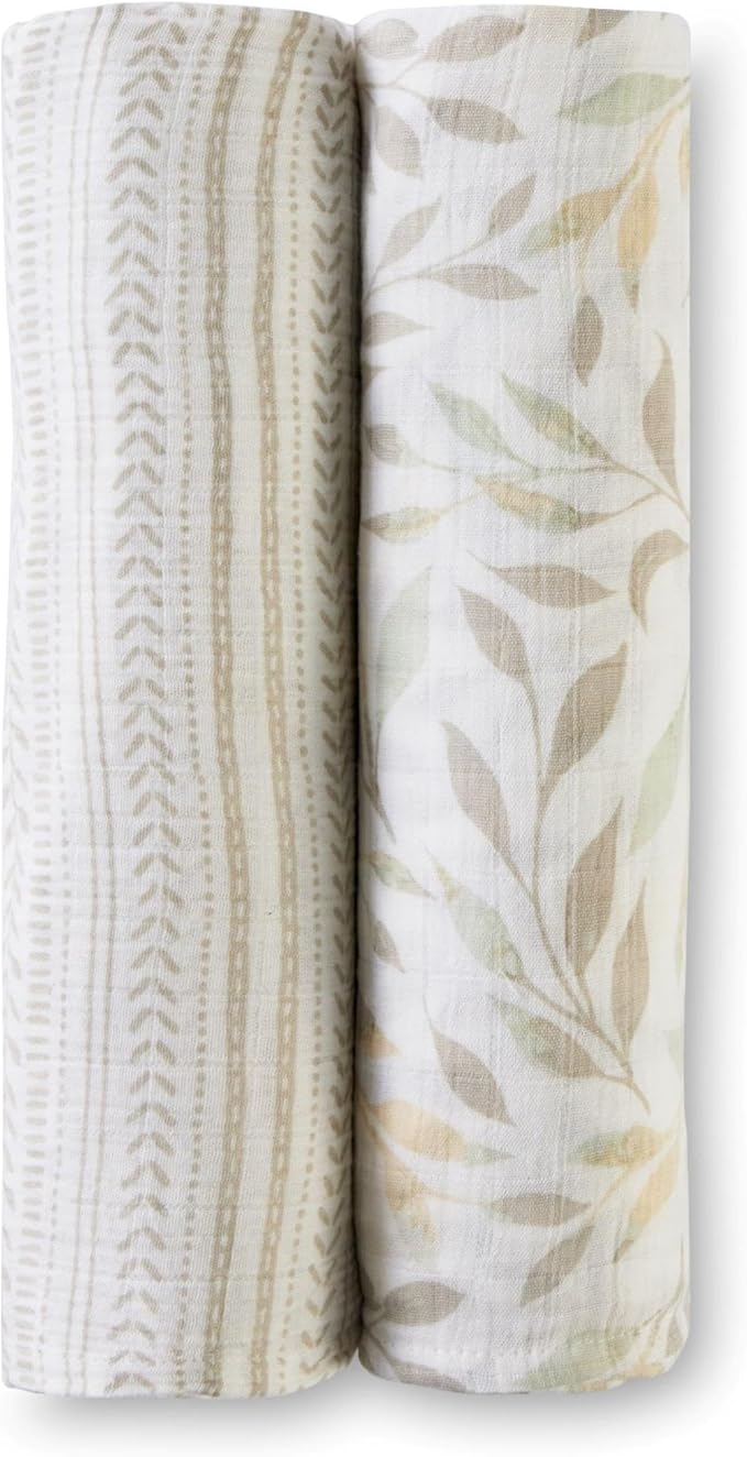 Crane Baby Swaddles for Newborns, Set of 2 Baby Swaddle Blanket, Dainty Leaf, 100% Cotton Muslin Swaddles, Newborn Essentials, Gender Neutral Baby Items, Receiving Blankets, Infant Blanket, 47" x 47"