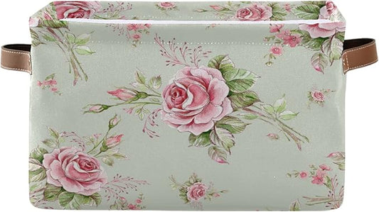 Floral Flower Rose Pattern Storage Bin Kids Women Foldable Compressible Organizer Storage Cube with Handle Storage Basket Box for Closet Shelves 1PC