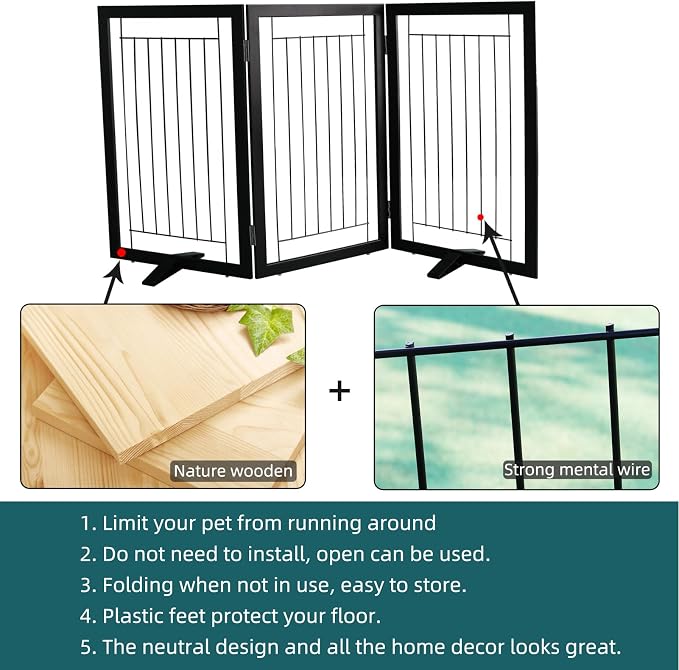 Dog Fence Indoor - 3-Panel Freestanding Dog Gate for Doorways, Hallways, House or Stairs -60x32-Inch Retractable Foldable Expandable Wood Pet by SFJC (Black)