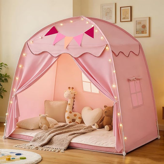 Extra Large Kids Play Tent with Star Lights & Flags, 2-Window Cone Wave Teepee for Boys & Girls, Portable Foldable Indoor Outdoor Dome Playhouse, 59.1x39.4x59.1 in, Pink