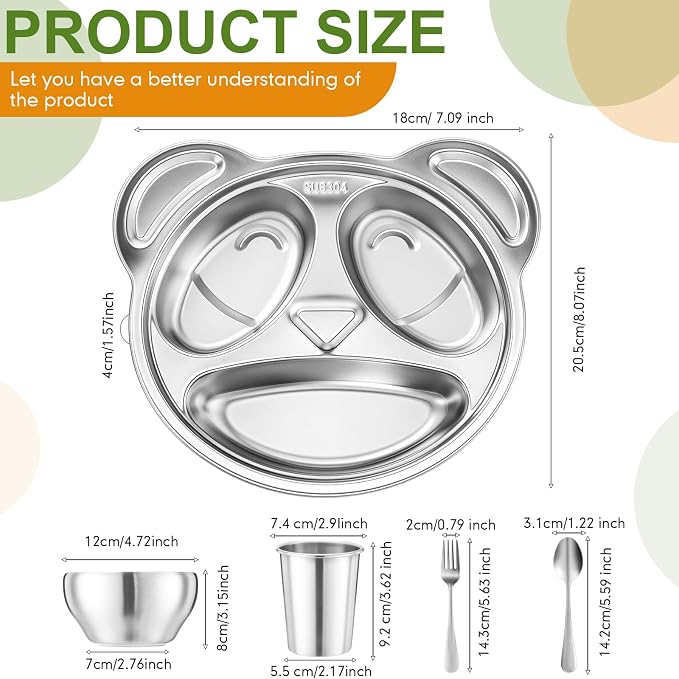 Jinei 30 Pieces Kids Stainless Steel Utensils Set Include Panda Shaped Plates, Bowls, Cups, Spoons, and Forks, Stainless Steel Dinnerware set for Kids Utensils (Panda)