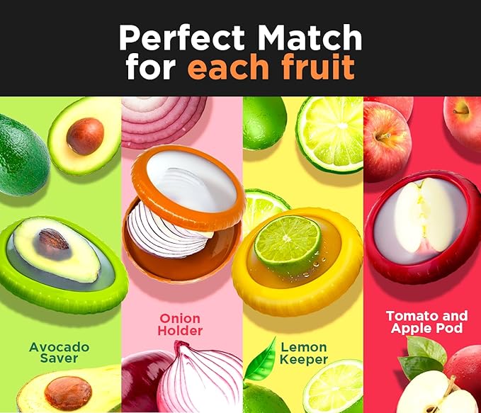 Avocado Saver & Onion Storage ??Set of 4 BPA-Free Food Containers with Silicone Lids ??Reusable Fruit and Veggie Savers, Fresh Pods for Food ??Perfect for Tomato Holder, Garlic, Lemon & More