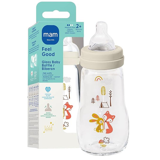MAM 9oz Premium Glass Baby Bottle Newborn, Wide Neck Medium Flow Breastfeeding Like Silicone Nipple, Easy Clean, BPA Free, 2+ Months, Easy Switch Between Breast and Bottle, 1 Pack, Unisex