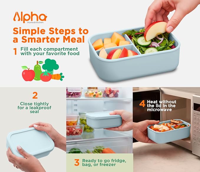 Silicone Bento Box for Kids, 3 Compartment Lunch Box, Small Portions, BPA Free Snack Container, Leak Resistant, Easy to Clean, Dishwasher Safe