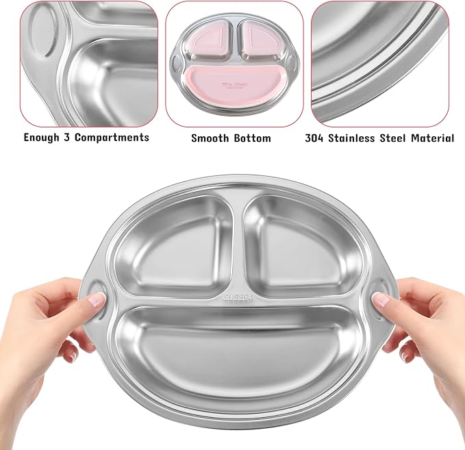 Mrs. Chou Stainless Steel Baby Suction Plates: Divided Plates for Babies and Toddlers, Made of 100% Food-Grade Materials Ideal for Baby-Led Weaning BPA-Free Toddler Feeding Dishwasher Safe PINK