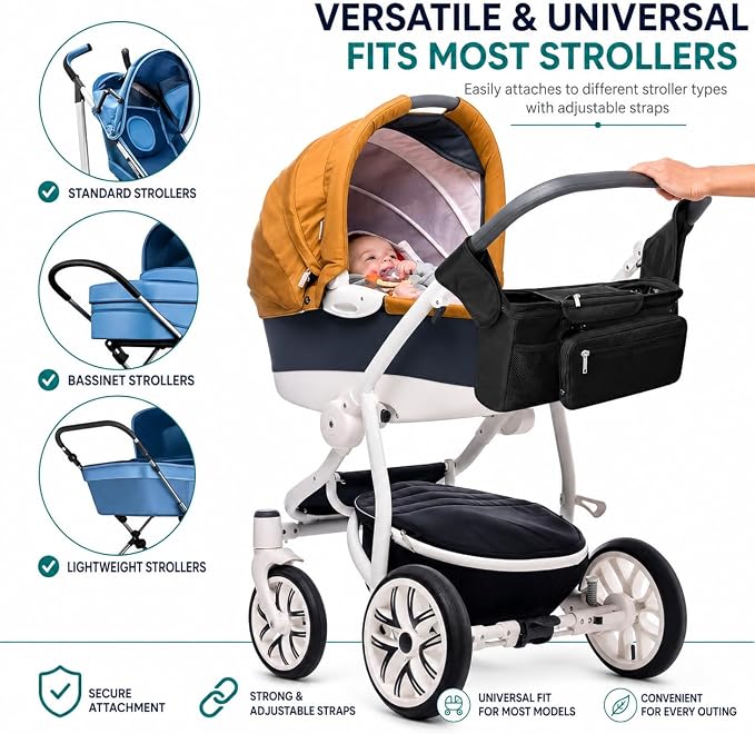 Stroller Organizer with Insulated Cup Holders and Detachable Pouch Universal Stroller Caddy Bag with Phone Pocket and Storage for Baby Essentials and Travel Accessories