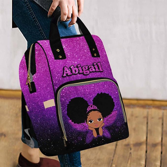 InterestPrint Personalized Backpack with Name Custom Angel Purple Glitter Diaper Bag Customized Shoulder Bag Nursing Bags Shoulder Bag Casual Daypack Bag for Sister Shopping Present