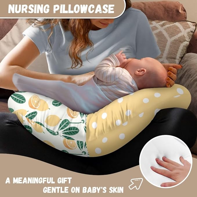 Polka Dot and Lemon Nursing Pillow Cover Breastfeeding Pillow Slipcover,Washable and Breathable Nursing Pillow Case for Newborn Mothers, Soft Fabric Fits Snug On Infant,Yellow(Cover Only)