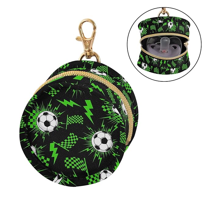 Soccer Ball Green Lightning Print Pacifier Holder Case for Diaper Bag Portable Travel Pacifier Storage Case with Clip Newborn Baby Pouch for Outdoor Purse Baby Boys Girls