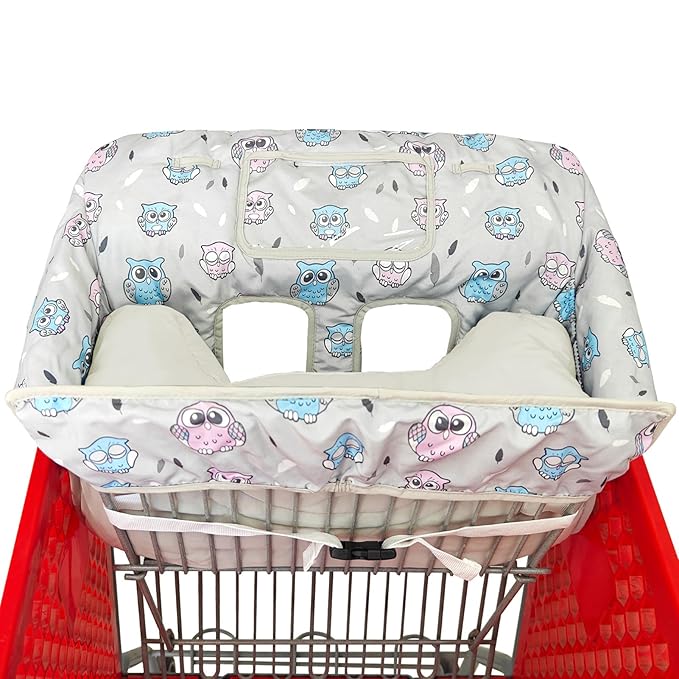 Love&go Soft Pillow Attached 2-in-1 Shopping Cart and High Chair Cover for Baby, Cotton Padded Cart Cover, Fold'n Roll Style, Portable with Carry Bag (Gray Owl)