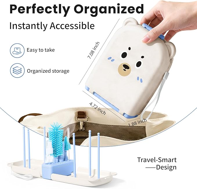 LEQXGO Travel Baby Bottle Cleaner Kit with Storage Case, 7-in-1 Baby Bottle Brush Set with Drying Rack for Breast Pump Parts, Bottle Washing Kit - Baby Travel Essential for Flying & On-the-Go (Blue)