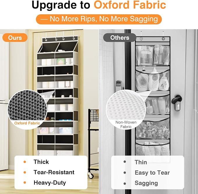 Over the Door Organizer 5 Tiers, Extra Large Behind Door Storage of 10 Big Front 10 Mesh Pockets, 80 lbs Door Organizer Hanging Heavy Duty Over the Door Storag for Closet Bedroom Nursery Pantry Black