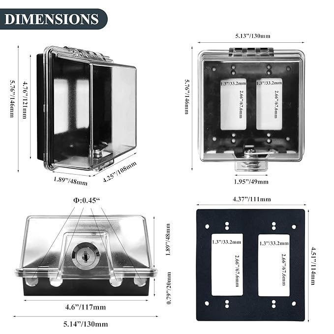 2-Gang Baby Safety Dual Outlet Cover Box - Fit 1.3??x 2.66?? Easier Operation, Simple 4 Step Install,Provides Extra Space Inside for Plugs,Adapters,4.53" high x 4.35" Wide x 2.52" deep