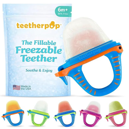 Teetherpop Fillable Freezable Teethers for Babies - Breastmilk Teether with Spill-Proof Sippy Slits ??Teething Popsicle for Baby, Liquids & Purées, Cooling Teething Relief Feeder Pacifier - BlueOrange