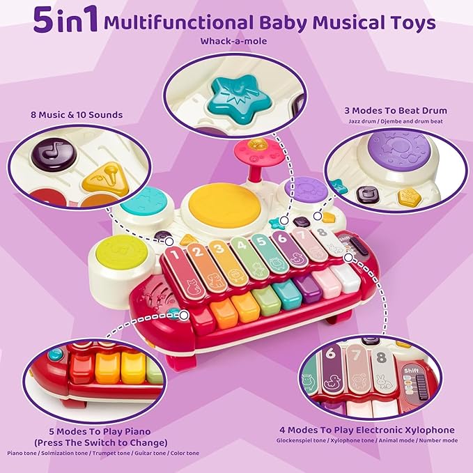 Marstone Baby Toys for 1 Year Old Girl Birthday Gifts: 5 in 1 Boy Musical Set for Toddler 1-2, Educational Learning Toys 12-18 Months with Piano, Xylophone, Whack a Mole, Drum Set, Sound and Music