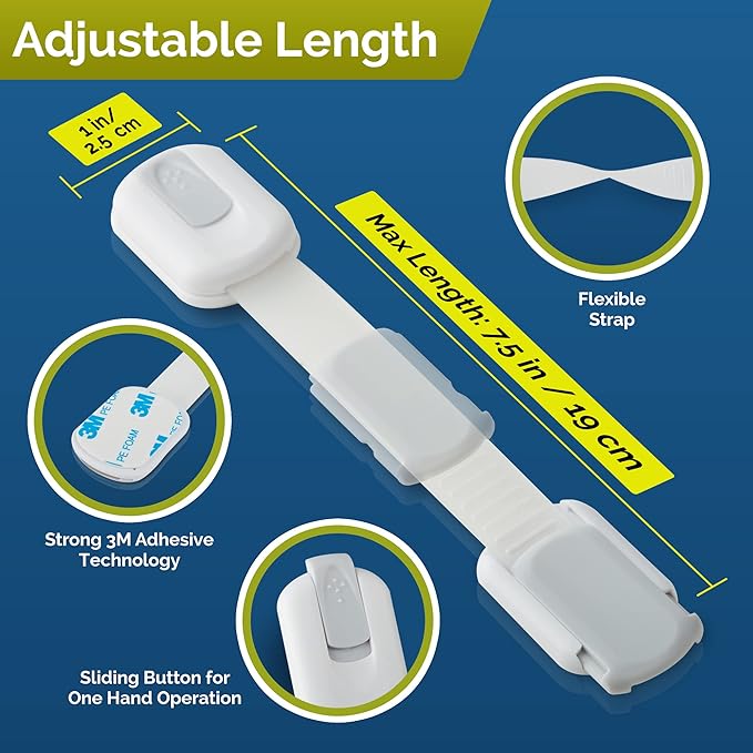 Child Safety Strap Locks (4 Pack) Baby Locks for Cabinets and Drawers, Toilet, Fridge & More. 3M Adhesive Pads. Easy Installation, No Drilling Required, White/Gray