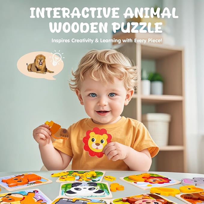 AuntyFey Wooden Puzzle for 1-3 Year Olds, 9 Pcs Baby Animal Montessori Puzzle, Ages 2-4, Learning Educational Toy