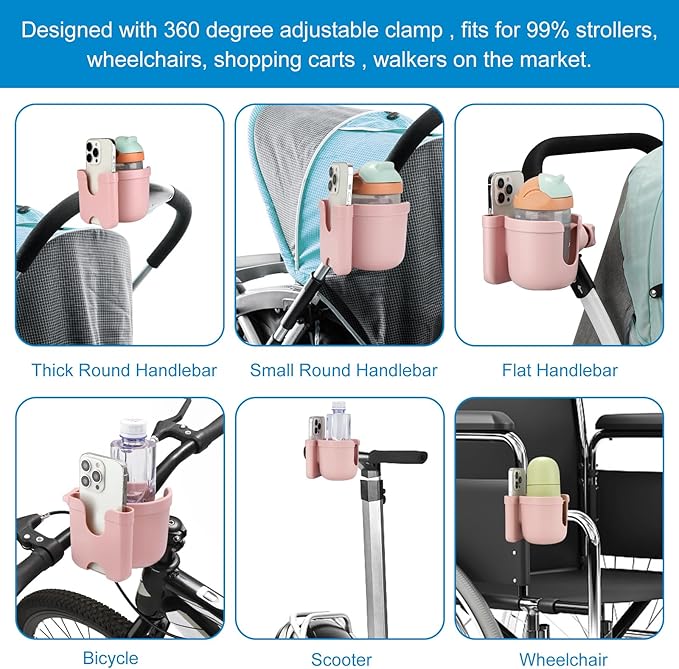Accmor Stroller Cup Holder with Phone Holder, Bike Cup Holder, Universal Cup Holder for Uppababy Nuna Doona Strollers, 2-in-1 Cup Phone Holder for Stroller Bike Wheelchair Walker Accessory