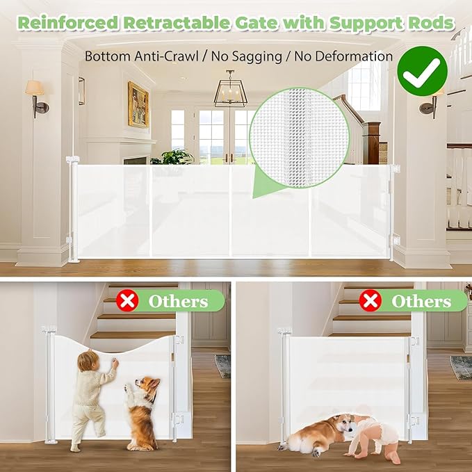 Reinforced 155 Inch Extra Wide Retractable Baby Gate with Reinforced Rods, 13 Feet Wide Retractable Dog Gate ??Prevents Crawling Under, Extra Long Baby Gate Retractable Fence Outdoor Garage Gate/White