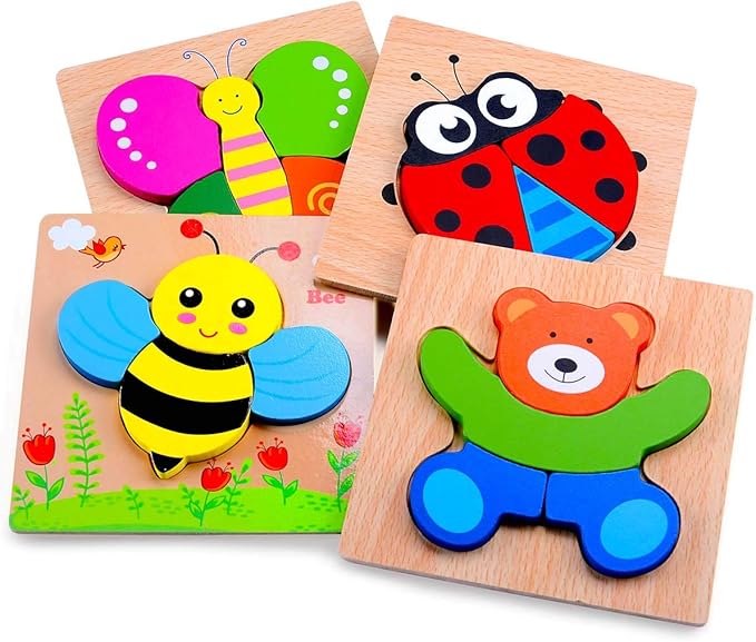 Magifire Wooden Puzzles, Set of 4 Puzzle Toys for Kids Toddlers 1–3, Baby Educational Animal Toys with Chunky Pieces & Bag - Butterfly, Bee, Ladybug, Bear