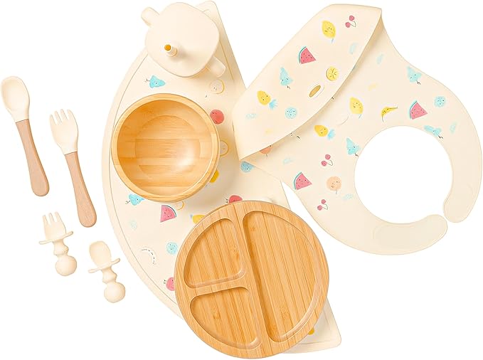 Bamboo & Silicone Baby Feeding Set 8 PCS | Baby Led Weaning Supplies Self Feeding | Divided Suction Plate Bowl Bib Sippy Cup with Straw Utensils Baby Bowls and Spoons Toddler Feeding Set (Vanilla)